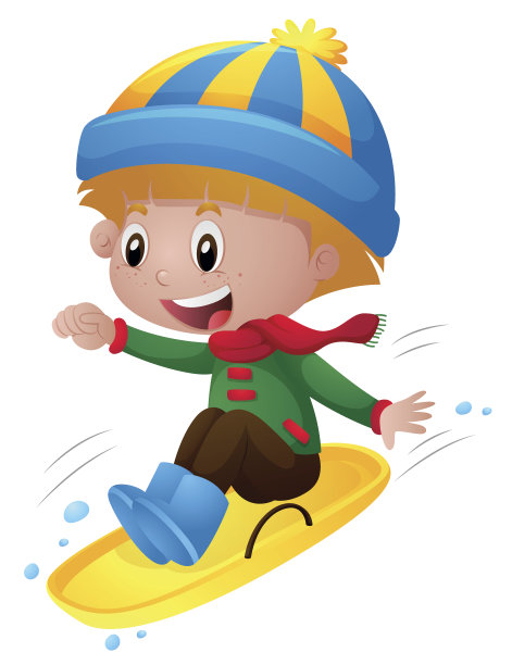 男孩穿着冬衣在雪橇上玩图片下载