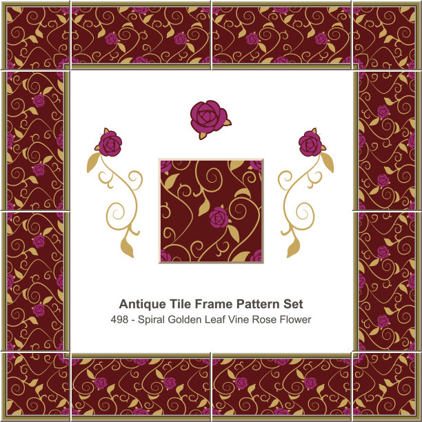 仿古瓷砖框架图案集螺旋金叶藤玫瑰花图片下载