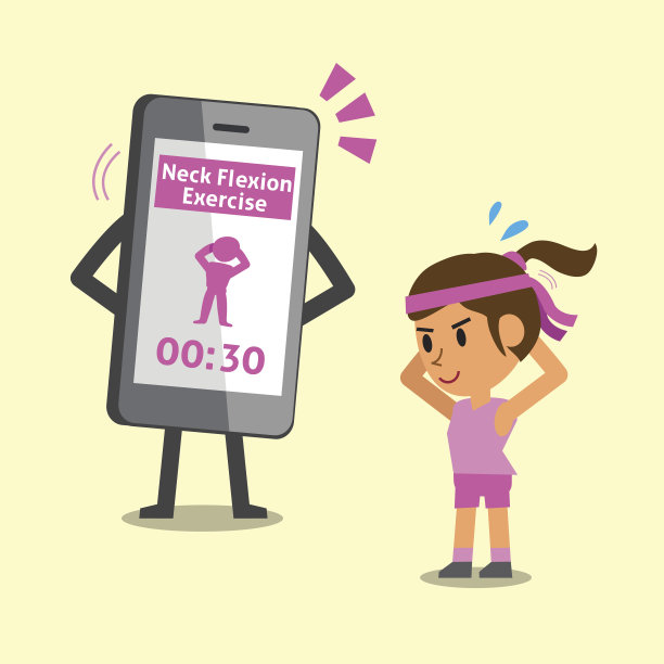 卡通智能手机帮助女性做颈部屈曲运动图片下载