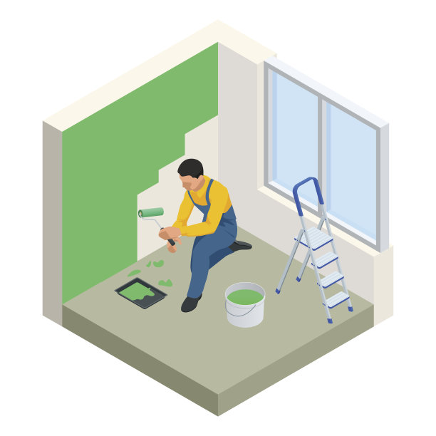 等距油漆师用滚轴红漆漆白墙。平面3d现代矢量插图。止痛药，人们的职业，职业。图片下载