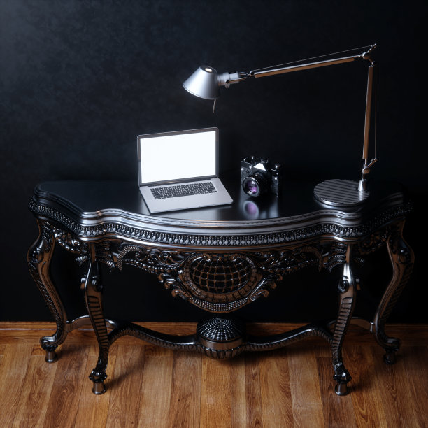 办公室，有桌子，笔记本电脑，台灯和照相机。模型图片3d渲染。图片下载