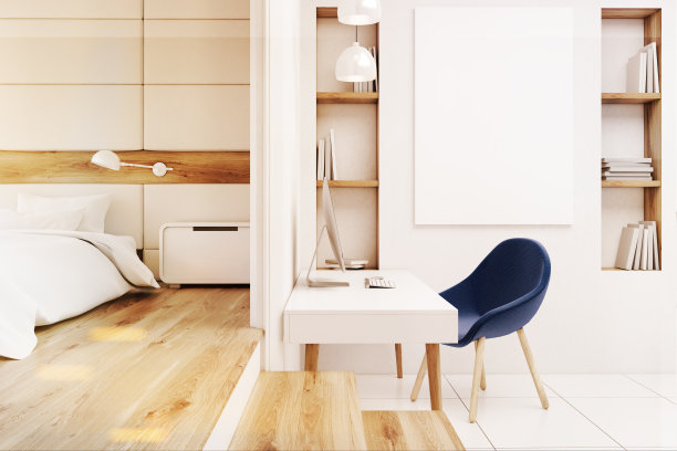 家庭办公室在卧室，正面，色调素材图片