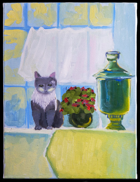 孩子们在帆布上画“猫、花和茶炊”图片下载