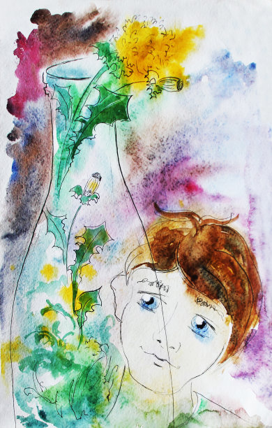 男孩与花，手绘水彩插图图片下载