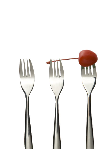 银色叉子，白色背景上有樱桃。图片下载