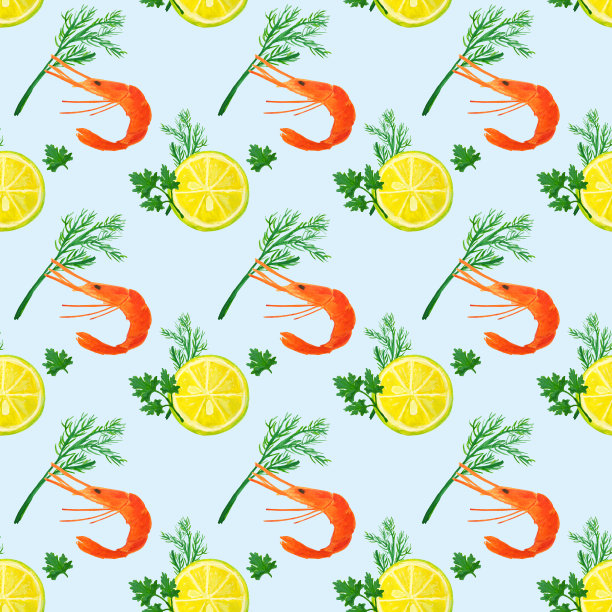 无缝模式与水彩柠檬片，虾，莳萝，欧芹图片下载