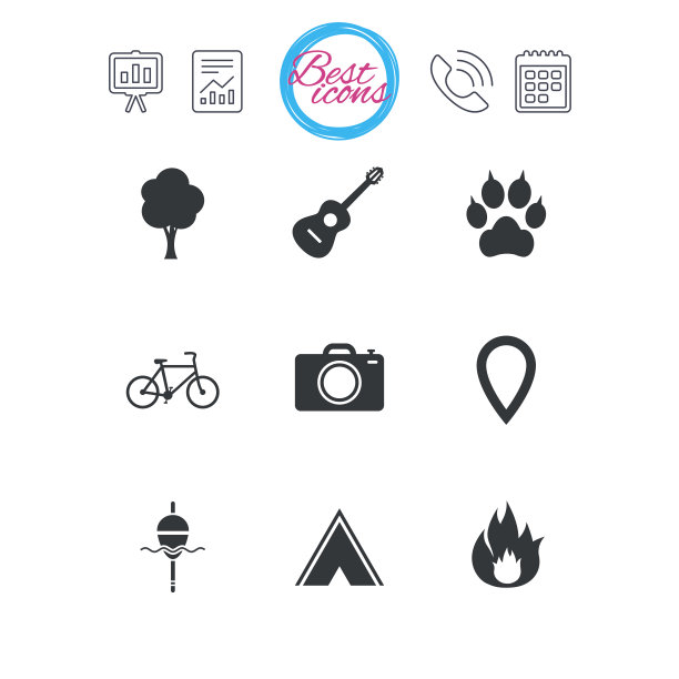 旅游、野营图标。钓鱼，火和自行车。图片下载