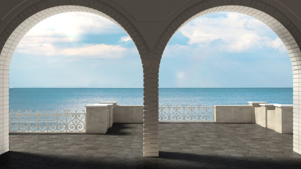 空的经典平台与锻造铁栏杆和砂岩拱门，大海全景图片下载