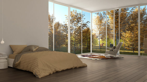 经典的卧室，极简主义的白色室内设计，大窗户与秋天的景观和放牧马，酒店，水疗中心，度假村图片下载