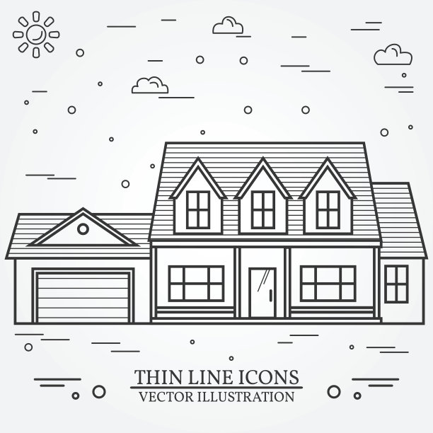 矢量细线图标美国郊区的房子。图片下载