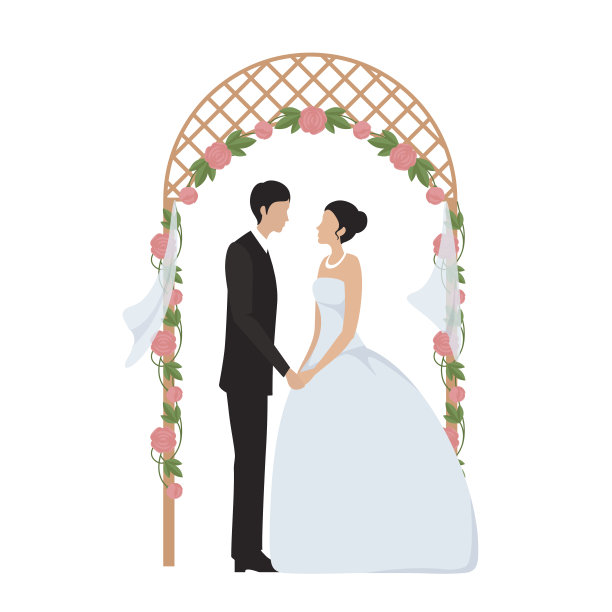 新娘和新郎在一个婚礼拱门的背景上图片下载