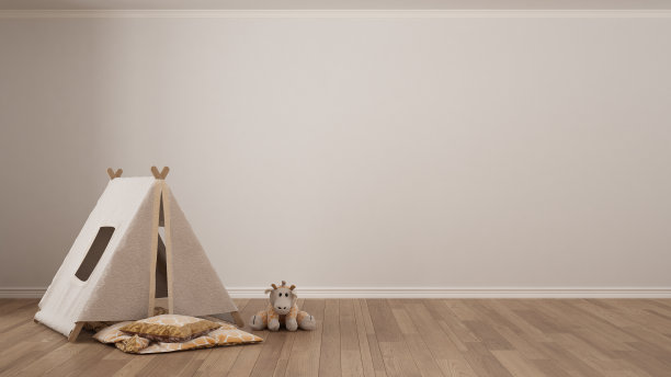 儿童极简主义的白色背景与儿童帐篷，毯子枕头和拼花地板上的玩具，儿童房托儿所室内设计图片下载