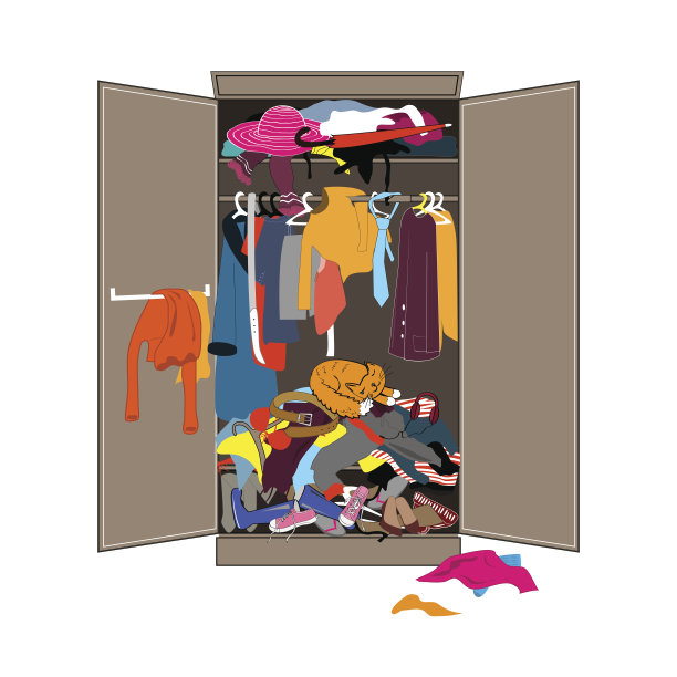 不整洁的开放式女人衣橱。放脏衣服的衣橱。房屋内部混乱。平面设计矢量插图。图片下载
