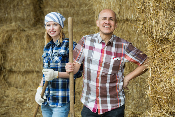 干草棚里快乐成熟的年轻农民图片下载