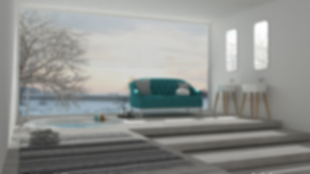 模糊的背景室内设计，斯堪的纳维亚浴室与经典的沙发和浴缸，水疗中心，酒店图片下载