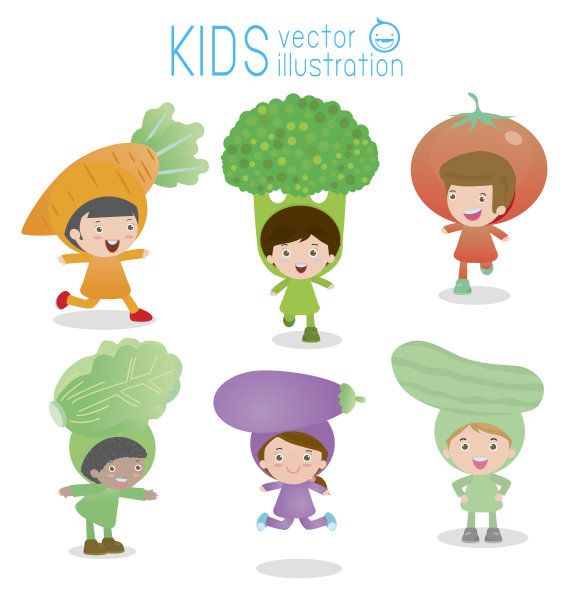 一组孩子穿着蔬菜服装孤立在白色背景图片下载