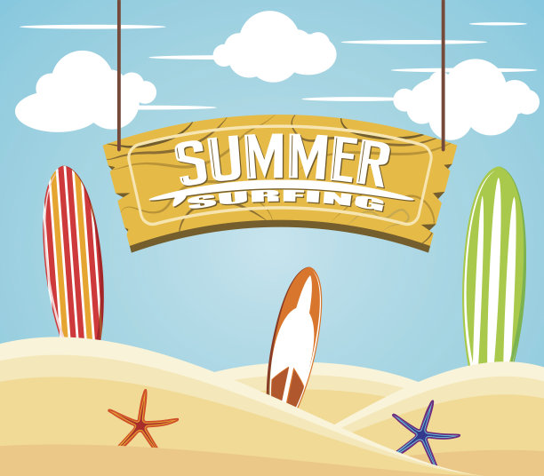 悬挂着彩色冲浪板的夏日冲浪标志图片下载