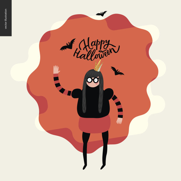 万圣节快乐，有个女孩挥手的插画图片下载