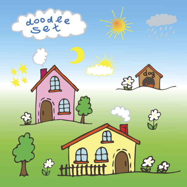 一套手绘的卡通房屋。图片下载