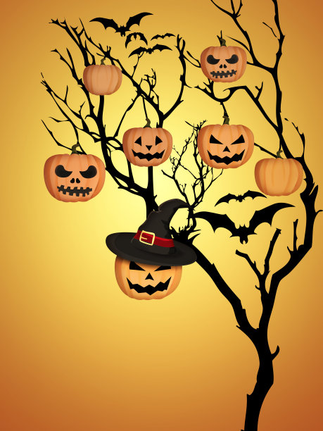树万圣节南瓜蝙蝠橙色的背景图片下载