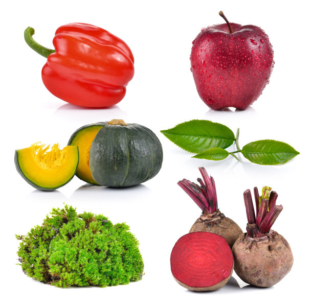 南瓜，苔藓，苹果，茶，甜菜根，胡椒白色背景图片下载
