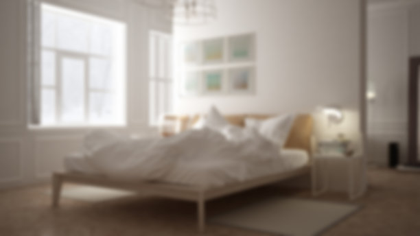 模糊背景室内设计，斯堪的纳维亚白色简约卧室，酒店水疗度假村图片下载