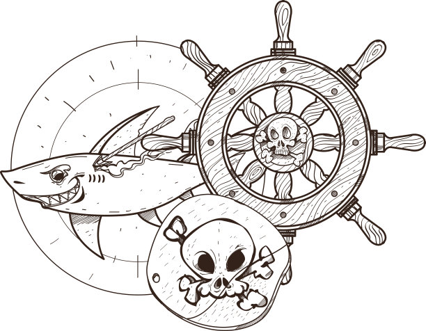 舵手，鲨鱼，海盗污点。图形海盗主题。图片下载
