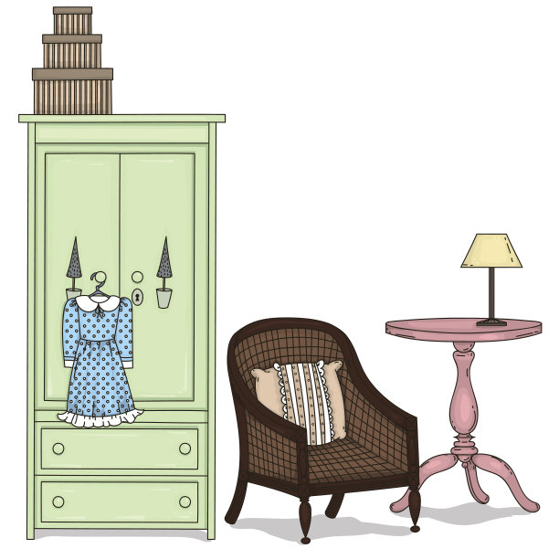 衣柜，椅子，桌子，灯。矢量插图。手工绘制。图片下载
