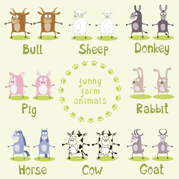 一套有趣的农场动物画在卡通风格图片下载