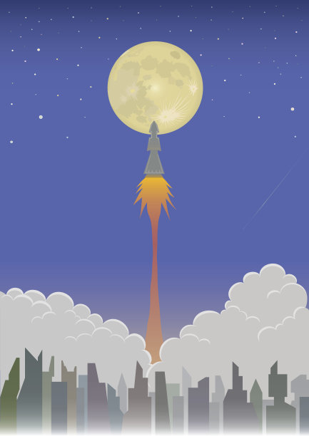 太空火箭在月球和天空发射。开始发射太空火箭和废弃城市。火箭起飞执行任务。图片下载