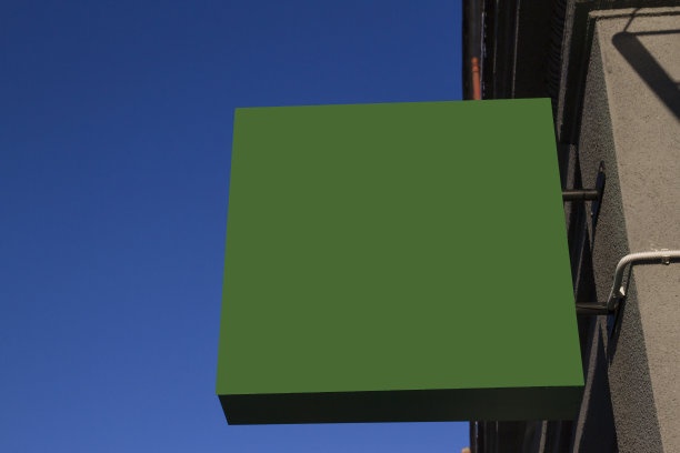 绿色植物的招牌在墙上，对着蓝天。方形模型。图片下载