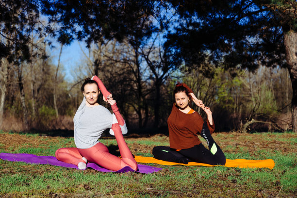 两名女子在森林公园练习瑜伽健身运动图片下载