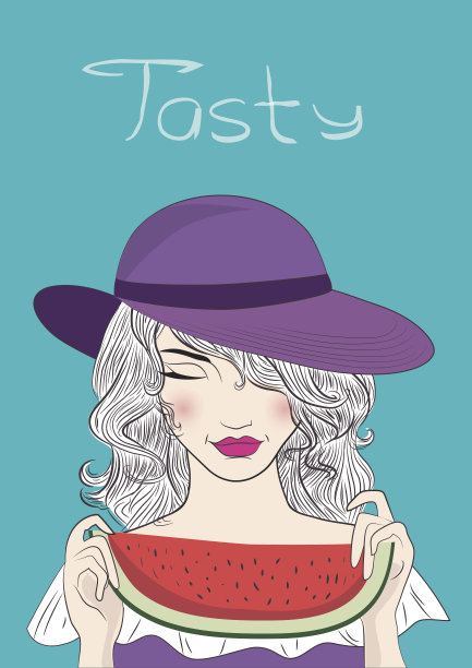 美丽的年轻女子在有和与西瓜，向量图片下载