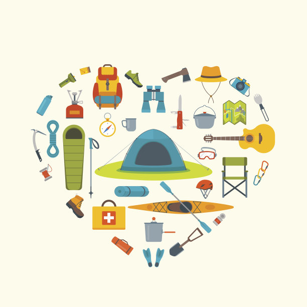 远足设备和齿轮图标收集。图片下载