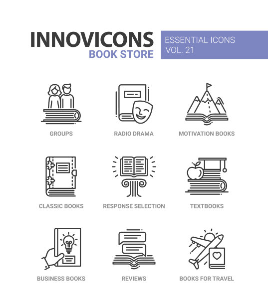 书店-现代颜色向量单线图标集素材图片