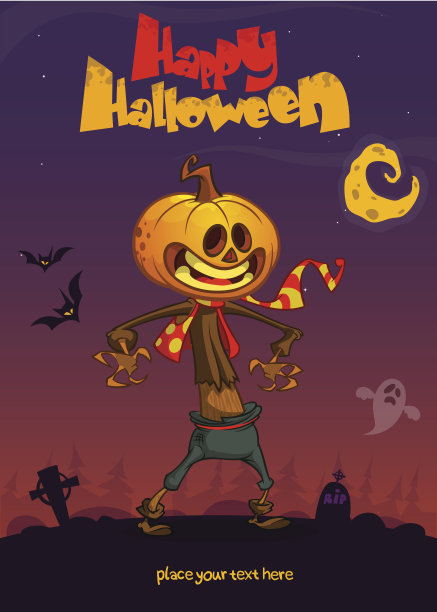 万圣节卡通稻草人与南瓜头。矢量动画海报素材图片