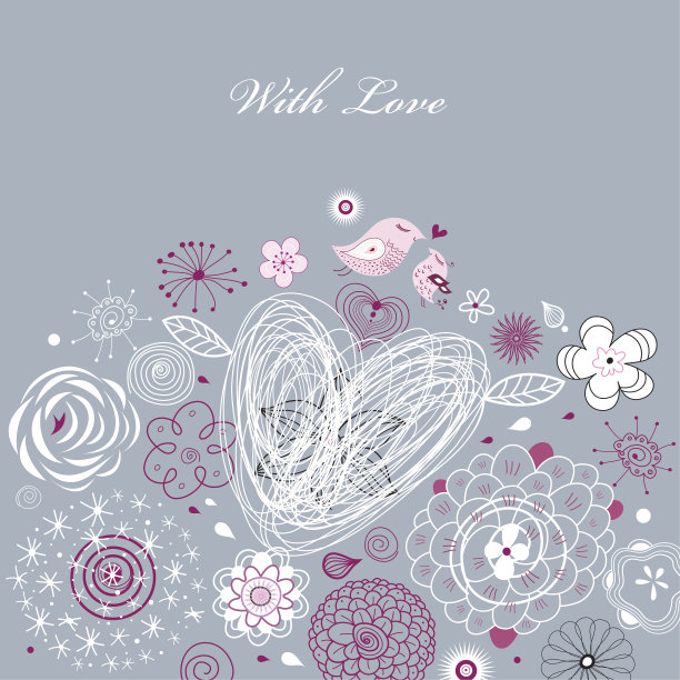 情人节贺卡上有鲜花和小鸟图片下载