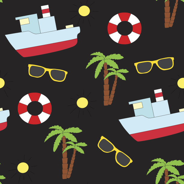 无缝的夏季模式。带有救生圈、太阳镜、船和棕榈树的矢量图片图片下载