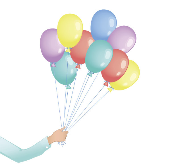 男人的手与彩色飞行气球在白色的背景。图片下载