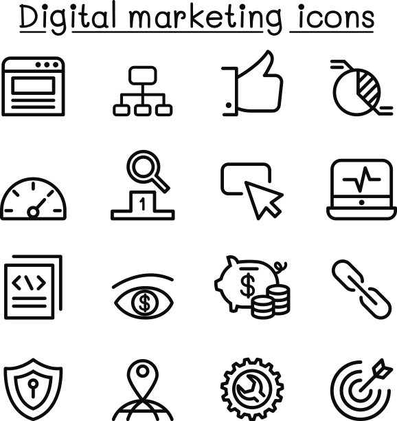数字营销& SEO图标设置在细线风格图片下载