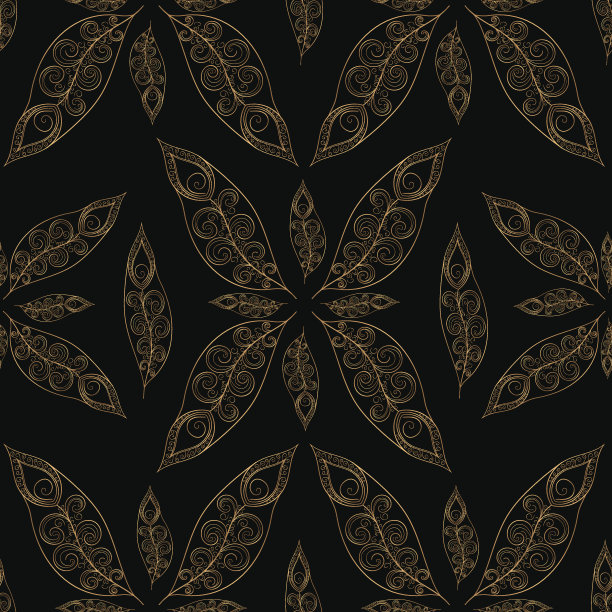 金黑色羽毛图案无缝。印度孔雀羽毛矢量打印图片下载
