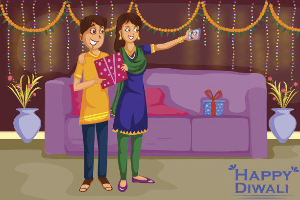 孩子们拿着礼物庆祝印度排灯节图片下载