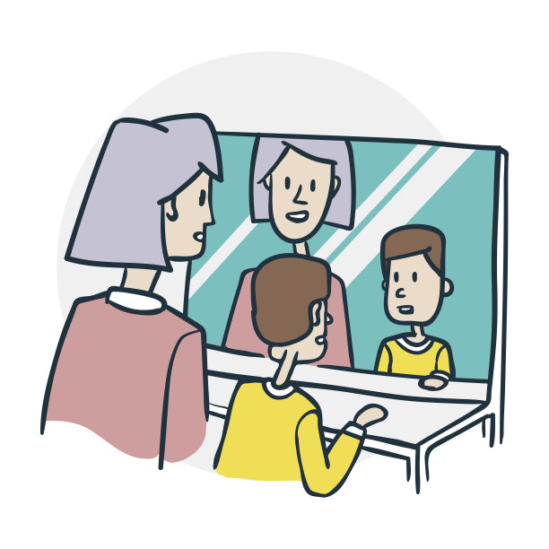 一个女人和一个男孩对着镜子练习他们的语言图片下载