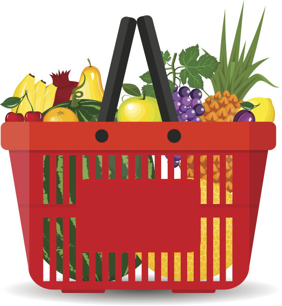 超市里装满了新鲜水果。天然有机食品购物篮。向量集超市篮子水果图片下载
