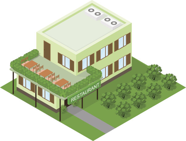 绿色素食餐厅。平的等距。图片下载