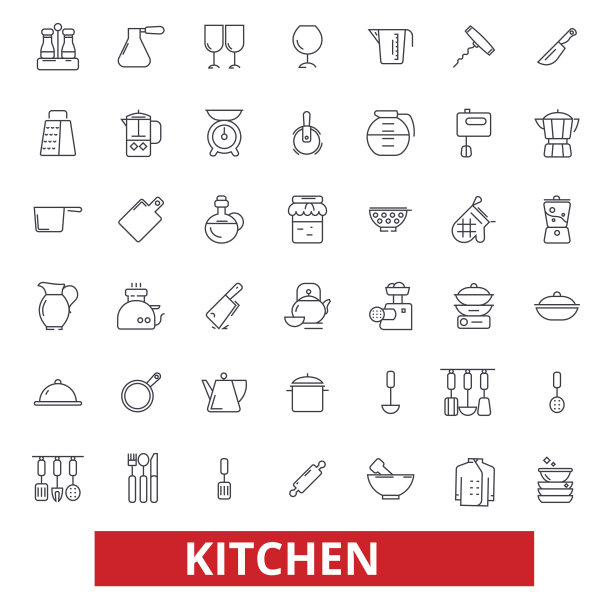 厨房烹饪工具，餐厅用具，炊具，厨具，食物准备图标。可编辑的中风。平面设计矢量插图符号概念。线标志孤立在白色背景上图片下载