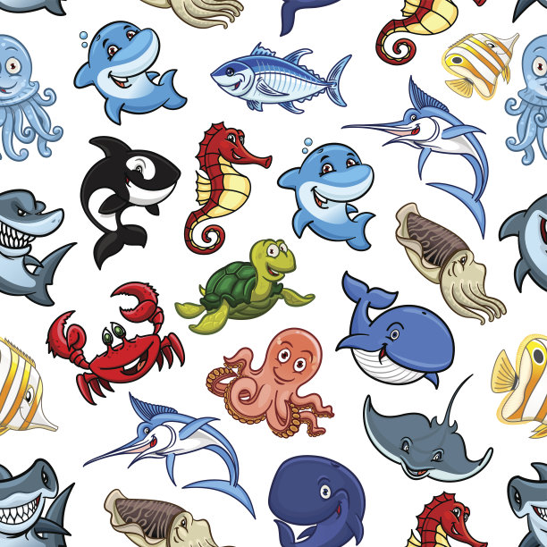 卡通海洋动物，海洋鱼类无缝图案素材图片