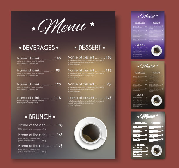 模板咖啡菜单的不同颜色与模糊的背景图片下载