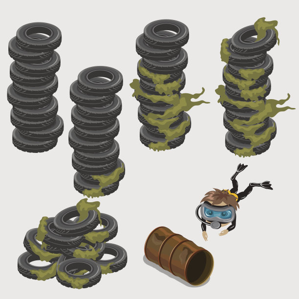 废弃的汽车轮胎，桶和潜水员图片下载