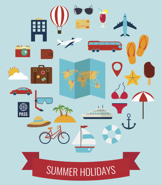 夏季扁平图标集。夏天的假期。向量图片下载